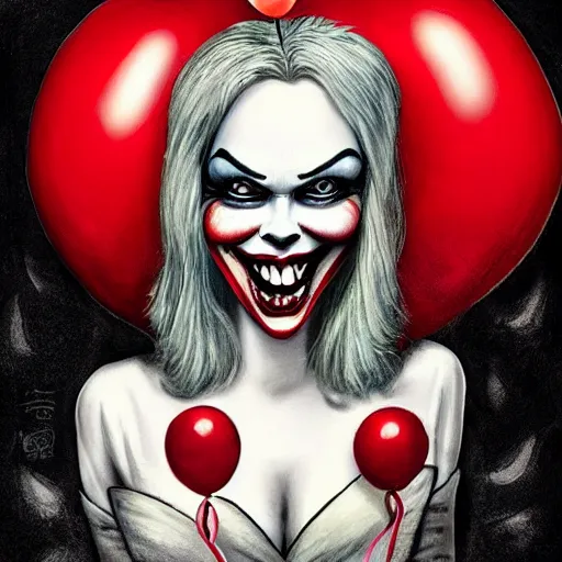 Image similar to grunge cartoon painting of margot robbie with a wide smile and a red balloon by chris leib, loony toons style, pennywise style, corpse bride style, horror theme, detailed, elegant, intricate