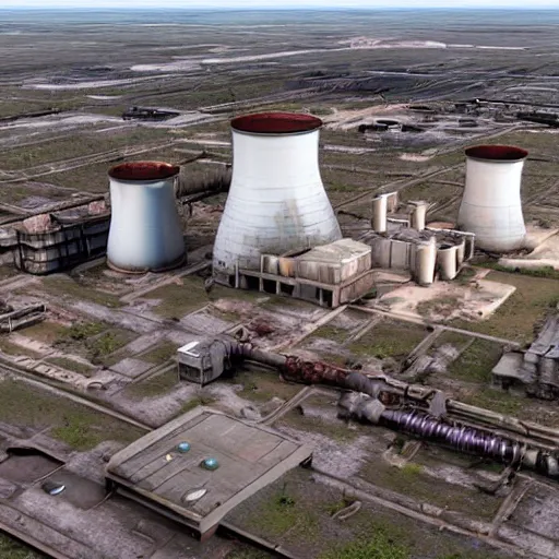 Image similar to top down aerial view of dilapidated nuclear plant with cooling tower in real life, desolate with zombies, dilapidated, zombies in the streets, nightmarish, some rusted style pipes, sunny weather, few clouds, volumetric lighting, photorealistic, daytime, autumn, sharp focus, ultra detailed, cgsociety