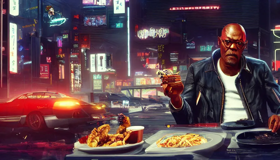 Image similar to samuel l jackson in night city eating chinese takeaway with johnny silverhand, cyberpunk 2 0 7 7, rendering, wallpaper, concept art, digital art