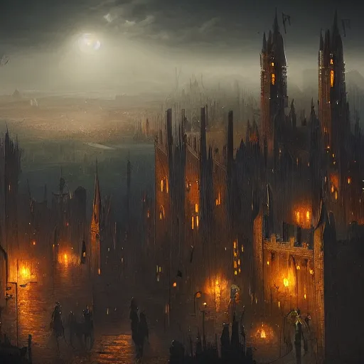 Image similar to fantasy dark medieval gothic cityscape on hill, painting, lights, darkness, lanterns, fog, people in the streets, small buildings, city wall, smoke, dark fantasy, magic the gathering, blue tint, detailed, sharp focus, hyperrealistic, fantastic artwork, 4 k, artstation, high fantasy, volumetric lighting, strong contrast, dark sky, far shot