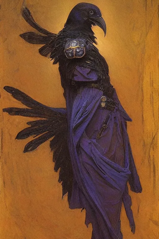 Image similar to an anthropomorphic raven dressed as a renaissance lord , by Annie Swynnerton and Nicholas Roerich and jean delville and Gaston Bussière, iridescent beetles, rich color, dramatic cinematic lighting, featured on Artstation, extremely detailed