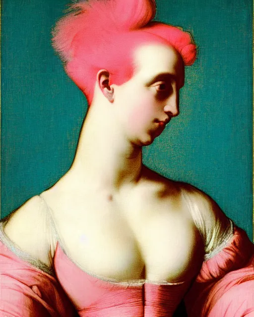 Image similar to woman with pink hair, wearing a neon blue dress by Vivienne Westwood, intricate details, masterpiece, in the style of Jean Auguste Dominique Ingres, black background