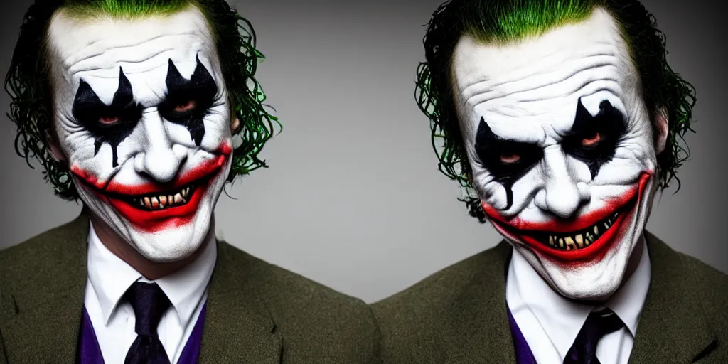 Image similar to joker wearing a suit style, photograph, grinning, creepy,