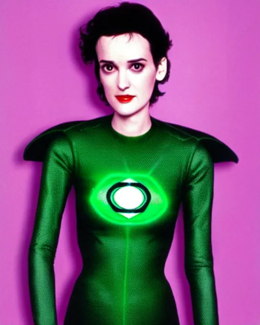 Image similar to photos of beautiful young actress Winona Ryder as a real life soranik natu soaring thru outer space as a Green Lantern, young Winona Ryder, photogenic, purple skin, short black pixie like hair, photography, studio lighting, cinematic