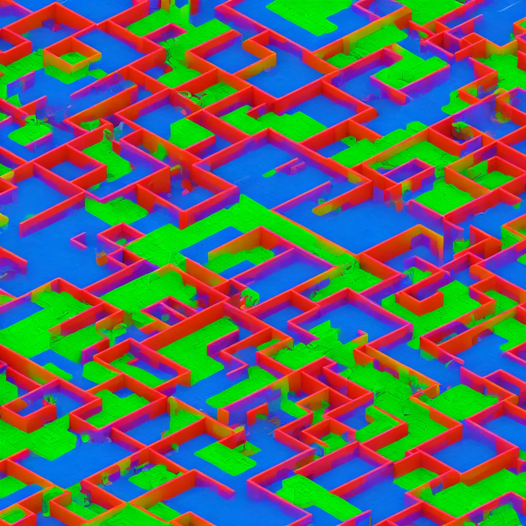 Prompt: wimmelbilder maze made of 80's arcade landscape, little space invaders, isometric, octane render, unreal engine