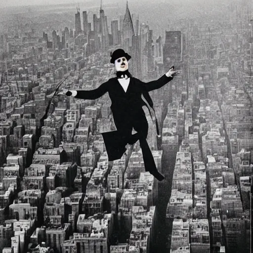 Prompt: “ a winged Charlie Chaplin flying over new york city”