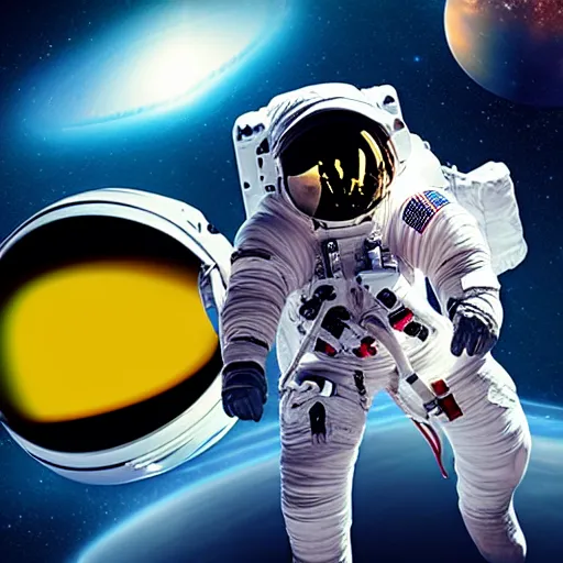 Image similar to astronaut in space, galactic background reflections on suit on one side and a yellow planet on the other side