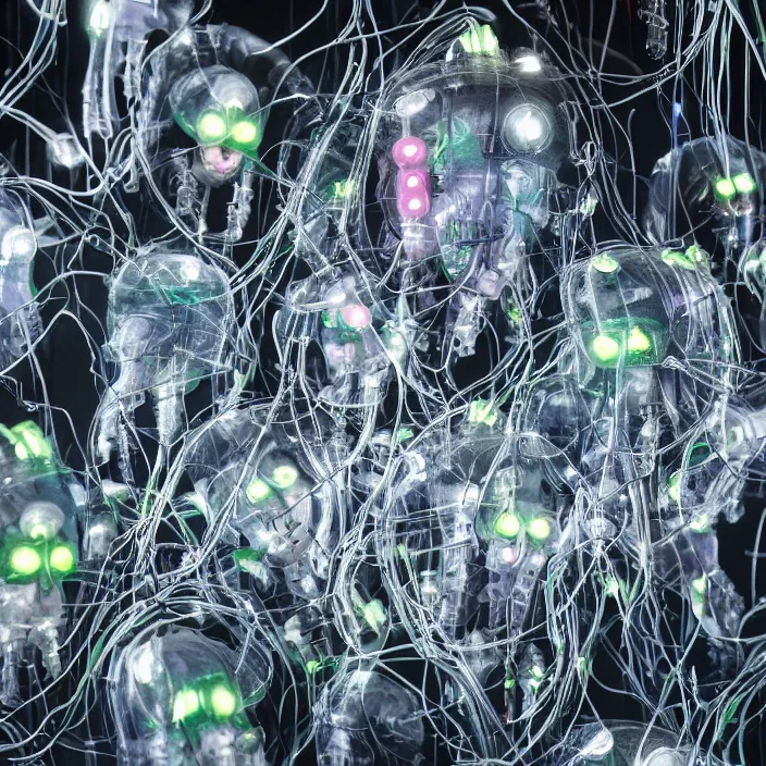 Prompt: a bunch of translucent cyborg man's heads which looks like jellyfish mixed with wires, neon lights, led diodes and radio parts scattered on the floor of the dark corner of the warehouse, high resolution, sci - fi, cyperpunk, bio - mechanical bio - luminescence, 8 k