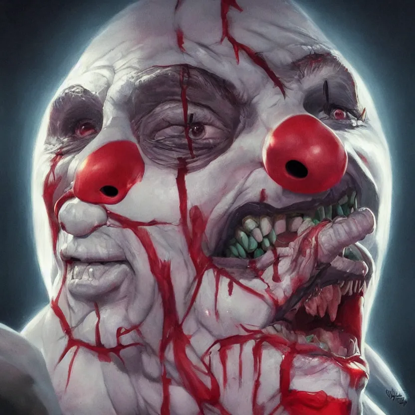 Prompt: hyperrealistic Gerald Gallego as a killer clown from outer space, trending on artstation, portrait, sharp focus, illustration, art by artgerm and greg rutkowski and magali villeneuve