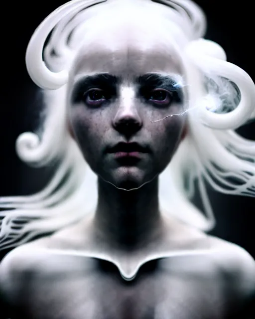 Image similar to monochrome, delicate, dreamy, feminine, subsurface scattering, white, young beautiful robot - cyborg in cosmos long white hair floating in air, fluid smoke art, black and white, octane render, dino valls, mark ryden, joe fenton, michal karcz, highly detailed, rim light, art, cinematic lighting, hyper realism, 8 k