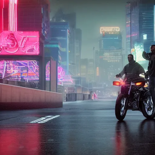 Image similar to Man with motorcycle standing in a city, rain, 4k, (synthwave), trending on artstation,