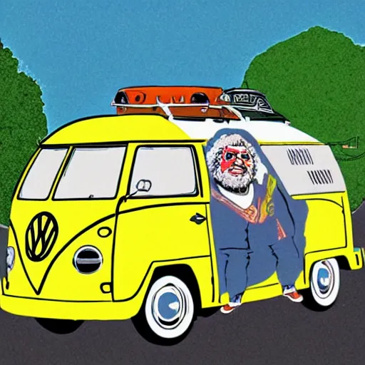 Image similar to illustration of jerry garcia driving a volkswagon bus and waving