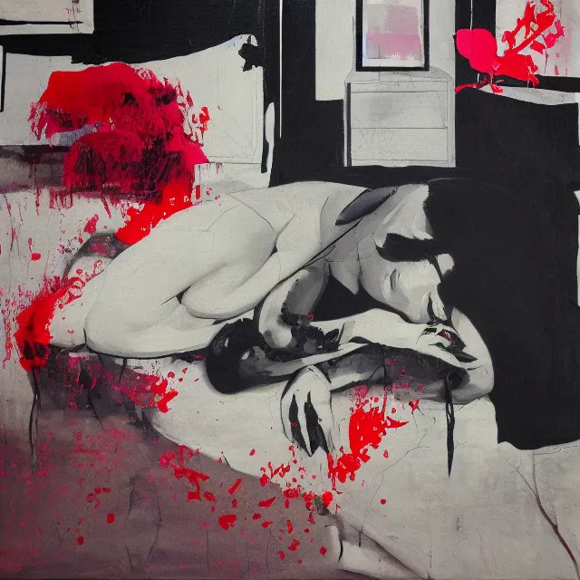 Image similar to empty room with black walls, sensual portrait of a woman sleeping, japanese vase, old flowers, puddle of water, octopus, squashed berries, neo - expressionism, surrealism, acrylic and spray paint and oilstick on canvas