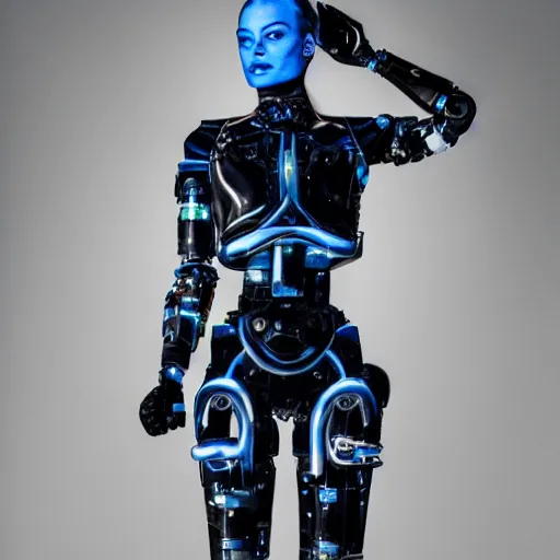 Image similar to full body portrait of Margot Robbie as a cyborg with robotic prosthetic arms and legs, 4k, hyperdetailed, photorealist, DSLR photograph