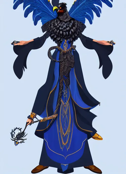 Image similar to hawk and raven headed warlock, wind magic, blue robes, exquisite details, full body character design on a white background, by studio muti