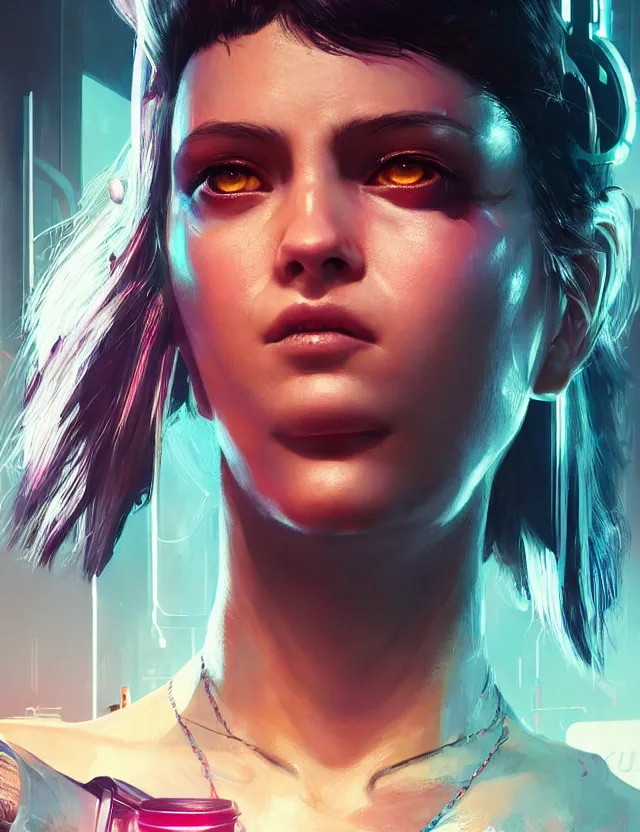 Image similar to close portrait of a young female waitress as cyberpunk 2 0 7 7 concept art, art by ryo shiotani and greg rutkowski, intricate, beautiful, cute, cinematic lighting, vintage art by serge ivanoff, high resolution, very detailed