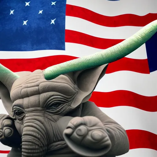 Image similar to elephant yoda as potus american flag in 3 d, art designers magazine photo unreal 8 k resolution