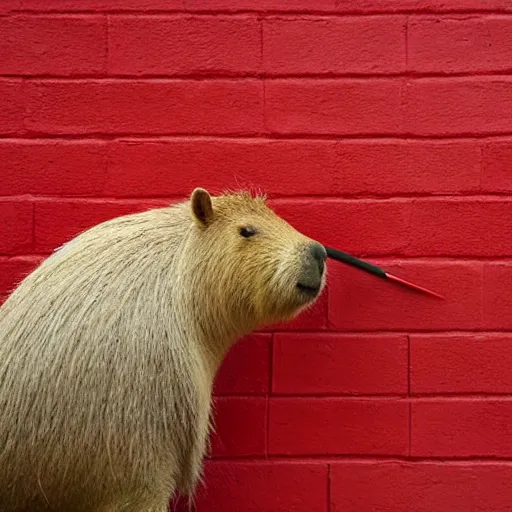 Image similar to a capybara using a red pencil to draw a bicycle on a wall