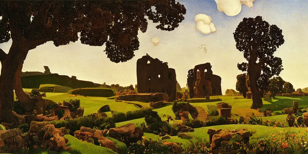 Image similar to bucolic landscape with antique ruins, high detail, crepuscular ray, light through the mist, dramatic lighting, by Grant Wood, by Bekzinsky, by Salvador Dali, by Antoni Gaudi, by Maxfield Parrish, by Nicholas Roerich, by H.R. Giger