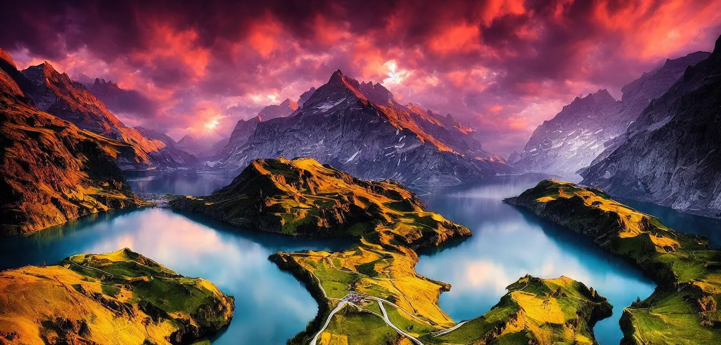 Image similar to amazing landscape photo of switzerland with lake in sunset by marc adamus, beautiful dramatic lighting