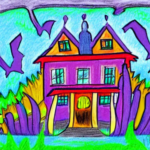 Image similar to pastels drawing of a haunted house, crazy colors, colorful, scary, cartoonish