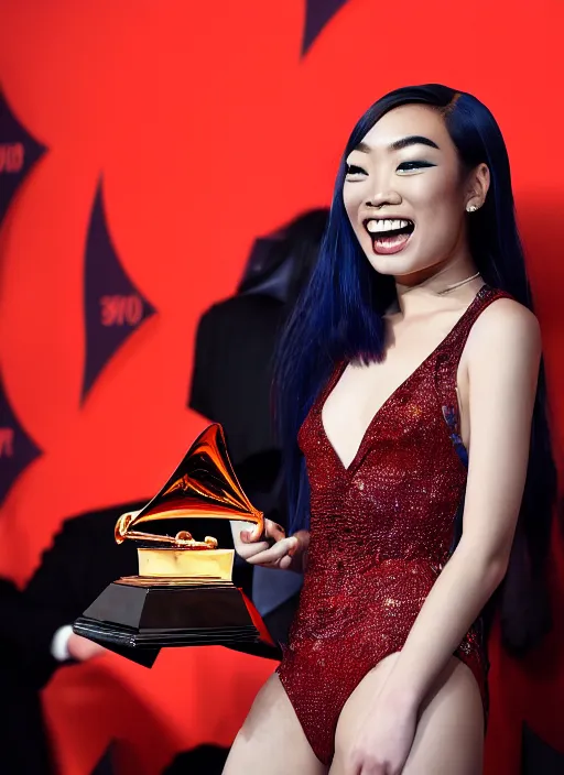 Image similar to rina sawayama winning a grammy award, red weapon 8 k s 3 5, cooke anamorphic / i lenses, highly detailed, cinematic lighting