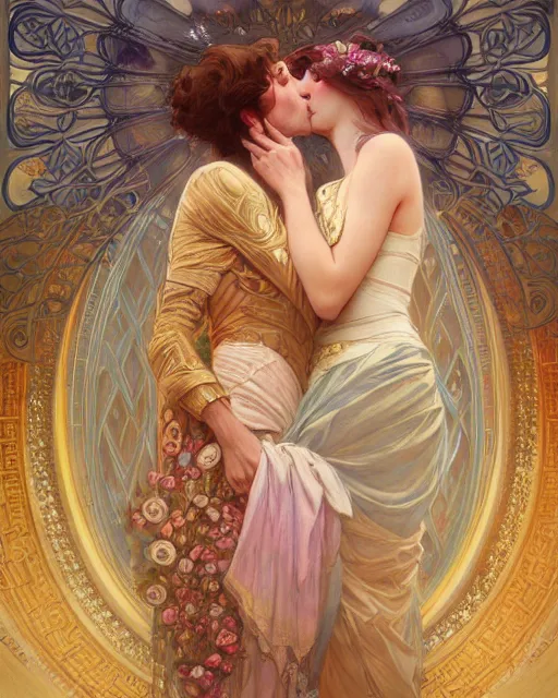 Image similar to the kiss | highly detailed | very intricate | art nouveau | gold filigree | romantic storybook fantasy | soft cinematic lighting | award - winning | painted by mandy jurgens and alphonse mucha and alena aenami | pastel color palette | featured on artstation