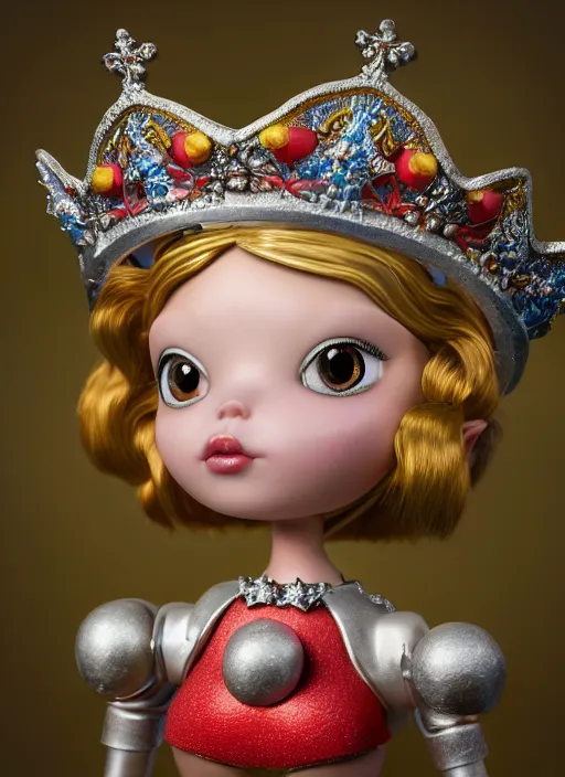 Image similar to highly detailed closeup, profile portrait of a tin toy fairytale princess wearing a crown, bikini, unreal engine, nicoletta ceccoli, mark ryden, earl norem, lostfish, global illumination, detailed and intricate environment