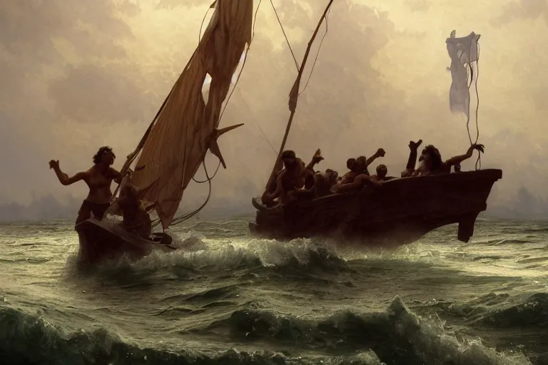 Image similar to ancient historically accurate depiction of Bible Character walking on water during a storm, a small fishing sailboat with scared sailors on board, dramatic lighting by frank miller, illustration by Ruan Jia and Mandy Jurgens and William-Adolphe Bouguereau, Artgerm, 4k, digital art, surreal, space dandy style, highly detailed, godsend, artstation, digital painting, concept art, smooth, sharp focus, illustration by Ruan Jia and Mandy Jurgens and William-Adolphe Bouguereau, Artgerm