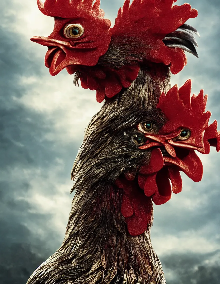 Image similar to rooster with shiny armor, hyper-realistic, 4k, movie poster, fantasy