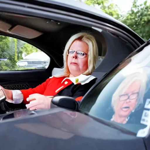 Prompt: angry liz cheney working at a mcdonald's drive - thru