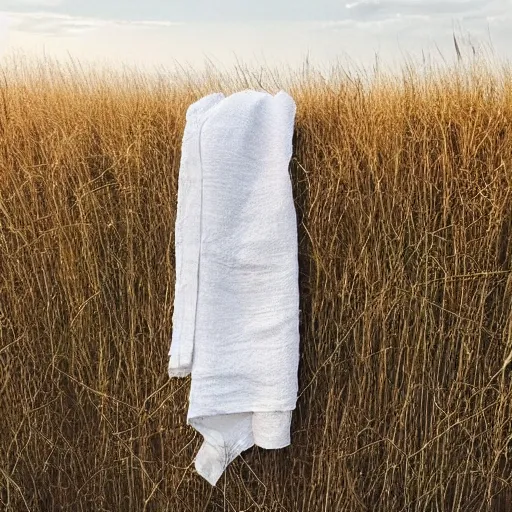 Prompt: “small white linen blanket laid out amongst a grassy prairie scene in August, muted colours, wide shot”