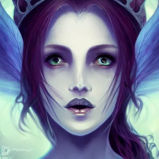 Prompt: detailed portrait of a dark fairy queen, crown, wings, teeth, realism, pale blue, emerald, sapphire,dark purple crown,leaves, moonlit, dark fantasy, dramatic lighting, cgsociety, artstation