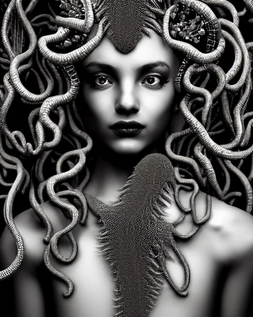 Image similar to surreal mythical dreamy artistic black and white fine art photo of a beautiful young female queen - medusa - cyborg covered with metal fish scales and translucent algae, highly detailed, intricate crystal ivy jelly fish scales ornate, poetic, octane render, 8 k, photo - realistic