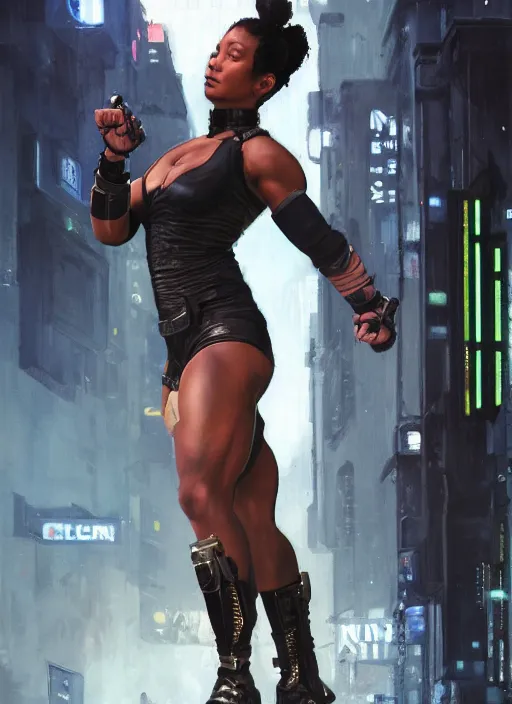 Prompt: black chun li doing high kick. cyberpunk police trooper in a military vest ( blade runner 2 0 4 9, cyberpunk 2 0 7 7 ). orientalist portrait by john william waterhouse and james gurney and theodore ralli and nasreddine dinet, oil on canvas. cinematic, hyper realism, realistic proportions, dramatic lighting, high detail 4 k