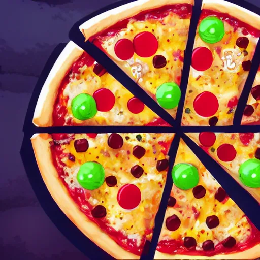 Prompt: pizza with uranium toppings, anime fantasy illustration by tomoyuki yamasaki, kyoto studio, madhouse, ufotable, square enix, cinematic lighting, trending on artstation