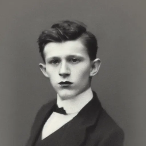 Image similar to headshot edwardian photograph of tom holland, 1 9 2 0 s, realistic face, 1 9 1 0 s photography, 1 9 0 0 s, grainy, slightly blurry, victorian