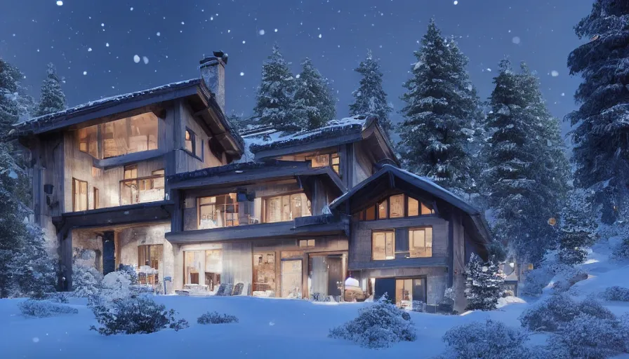 Prompt: Modern chalet built in the snowy mountains with white neons at night, hyperdetailed, artstation, cgsociety, 8k