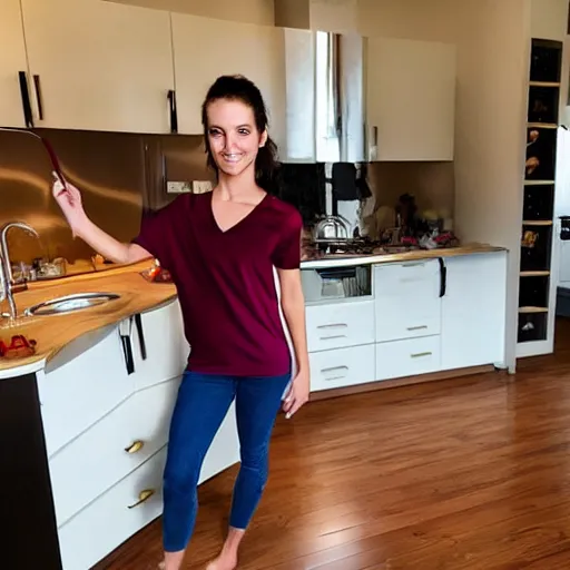 Prompt: a selfie of a brunette female, young, athletic, australian, wearing a gold tshirt in a kitchen