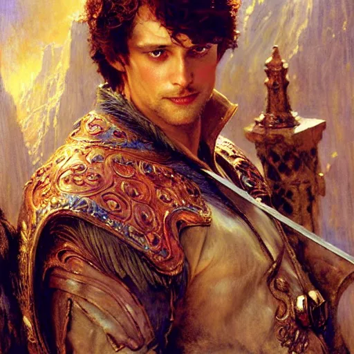 Image similar to handsome arthur pendragon in love with handsome merlin the mage. merlin is also in love with arthur. highly detailed painting by gaston bussiere, craig mullins, j. c. leyendecker