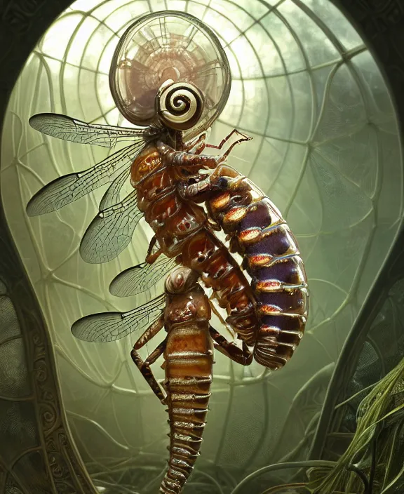 Image similar to intricate ornate opulent transparent clear see - through portrait of a horrific beautiful male human isopod nautilus dragonfly, adorable, childlike, overgrown biopunk jungle environment, ultra realistic, concept art, art nouveau, photorealistic, octane render, 8 k, unreal engine. art by christopher marley and artgerm and greg rutkowski and alphonse mucha