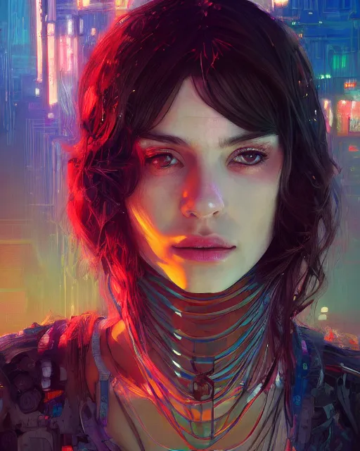 Image similar to portrait of a brunette hippie, but set in the future 2 1 5 0 | highly detailed | very intricate | symmetrical | professional model | cinematic lighting | award - winning | painted by mandy jurgens | pan futurism, dystopian, bold colors, cyberpunk, anime aesthestic | featured on artstation