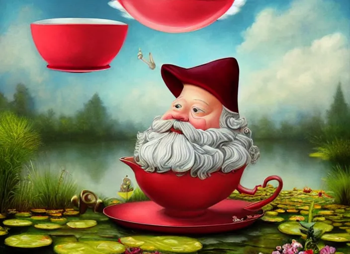 Image similar to a garden gnome sailing in a teacup, whimsical background of a reflective pond on a sunny day with dramatic clouds, an ultrafine detailed painting by mark ryden, trending on deviantart, pop surrealism, whimsical, lowbrow, joyous