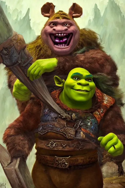 Prompt: Shrek Barbarian, dressed in adventuring gear, Wizards of the Coast, oil painting, epic, highly detailed, featured on artstation