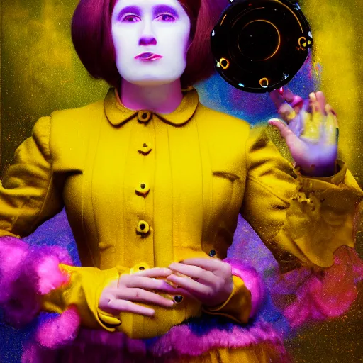 Prompt: A painting. A rip in spacetime. Did this device in her hand open a portal to another dimension or reality?! deep yellow by Rachel Maclean, by Carl Holsoe Sigma 85mm f/1.4