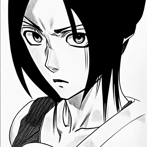 Image similar to alita by yukito kishiro. medium shot. black and white manga. pencil drawing. high detailed face