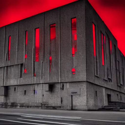 Prompt: ominous brutalism building, creepy red fog, nighttime. dramatic lighting,