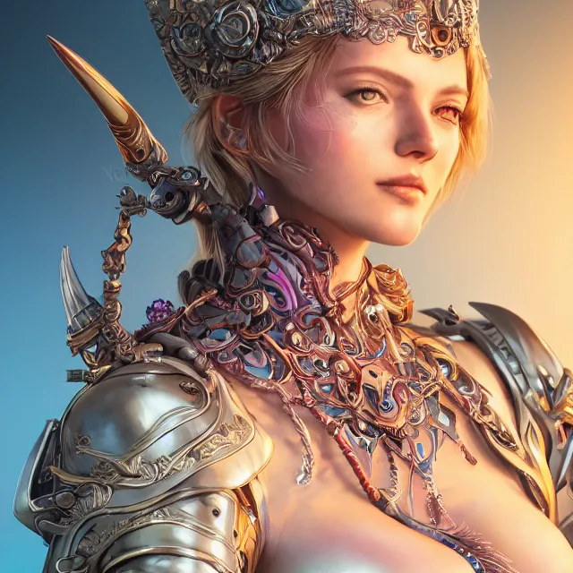 Image similar to studio portrait of lawful good colorful female holy mech paladin as absurdly beautiful, elegant, young sensual woman, ultrafine hyperrealistic detailed face illustration by kim jung gi, irakli nadar, intricate linework, sharp focus, bright colors, matte, octopath traveler, final fantasy, unreal engine highly rendered, global illumination, radiant light, intricate environment