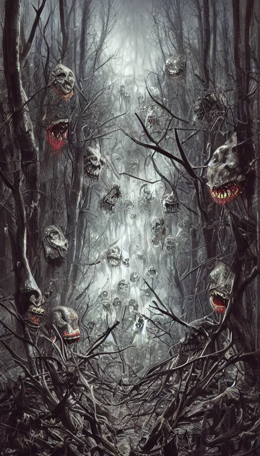 Prompt: a storm vortex made of many demonic eyes and teeth over a forest, by rob hefferan