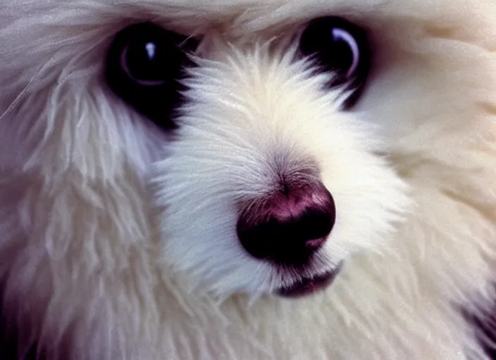 Image similar to realistic photo of a face of very beautiful girl white fluffy hairy fur face, symmetrical, skin is made of white fluffy hairs, eyes made of snowflakes, close up 1 9 9 0, life magazine reportage photo, natural colors